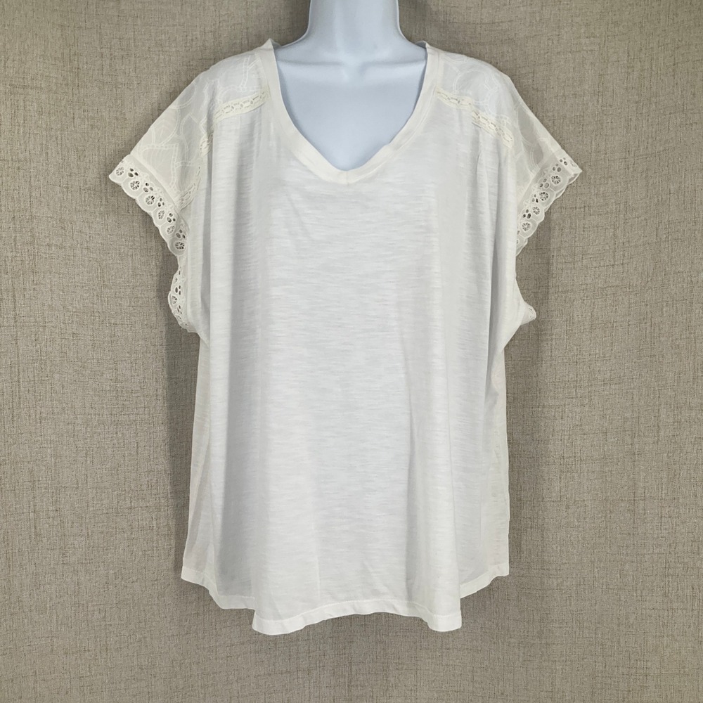 Talbots Blouse Womens 3X White Eyelet Lace Trim V-Neck Boho Classic Cottagecoreβ